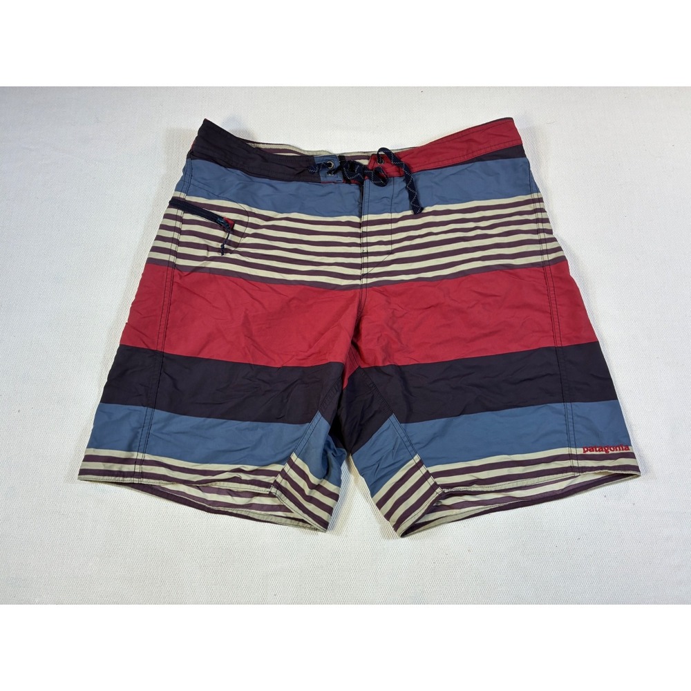 Patagonia‎ Mens 36 Board Shorts Striped Red Navy Blue Surf Swim Trunks 9 Inseam